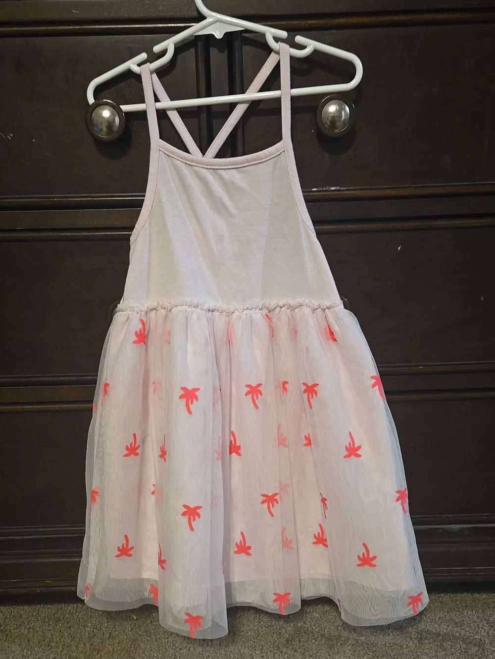 Girls 5t Cat & Jack Light Pink Tulle Dress with Coral Palm Print